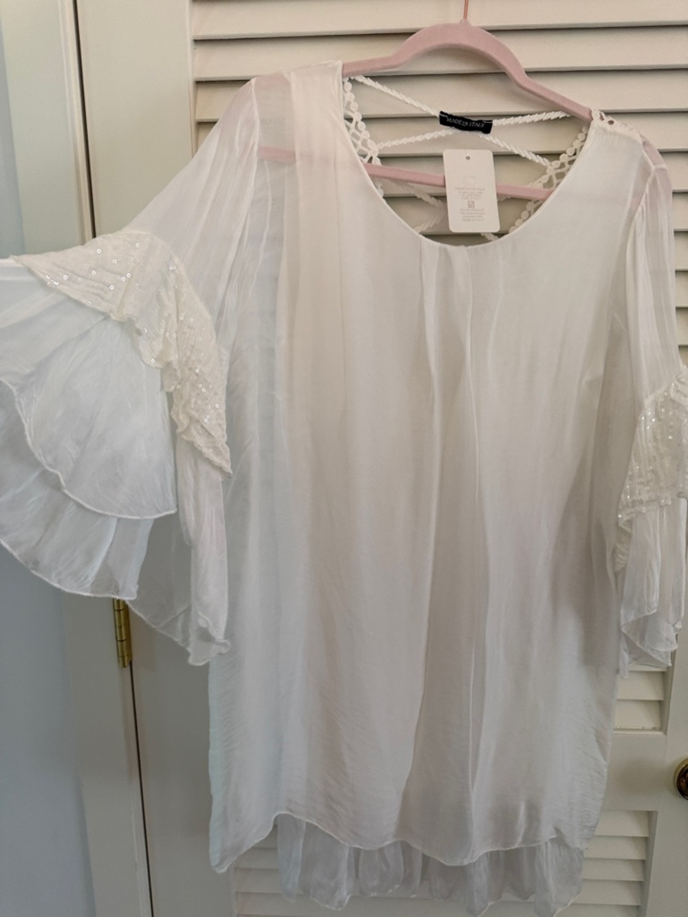 Women’s White Ruffle-Sleeve Blouse with Crochet Back